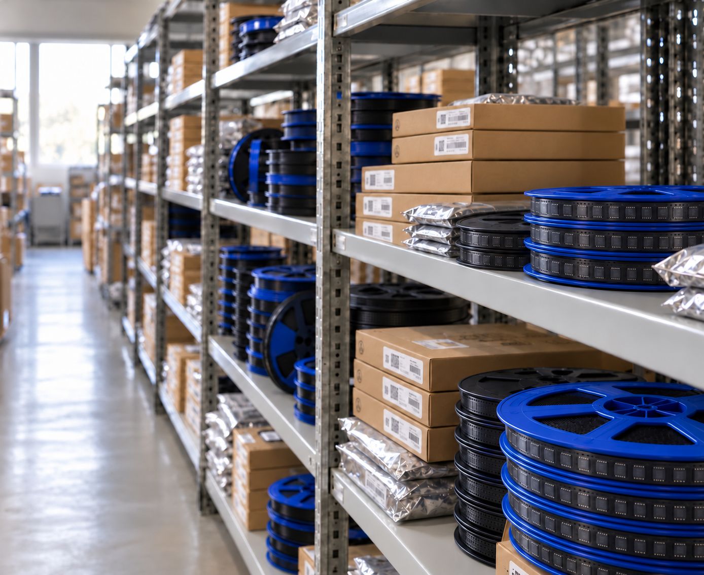 Electronic component reels and moisture-barrier packaging on warehouse shelves