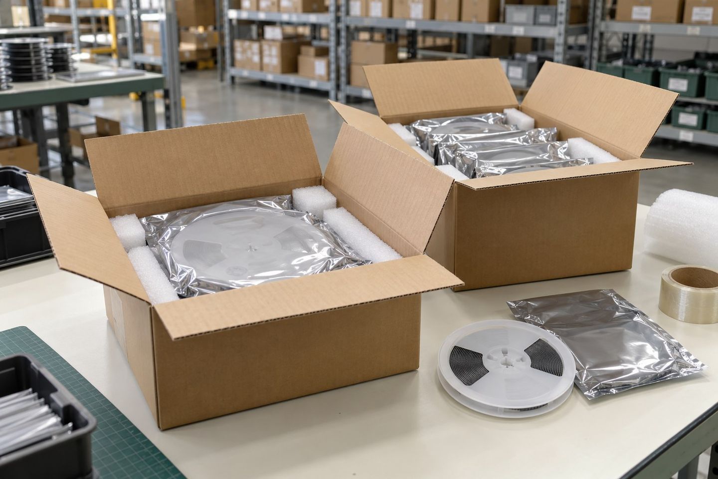 Component reels protected with antistatic packaging and cushioning inside shipping cartons