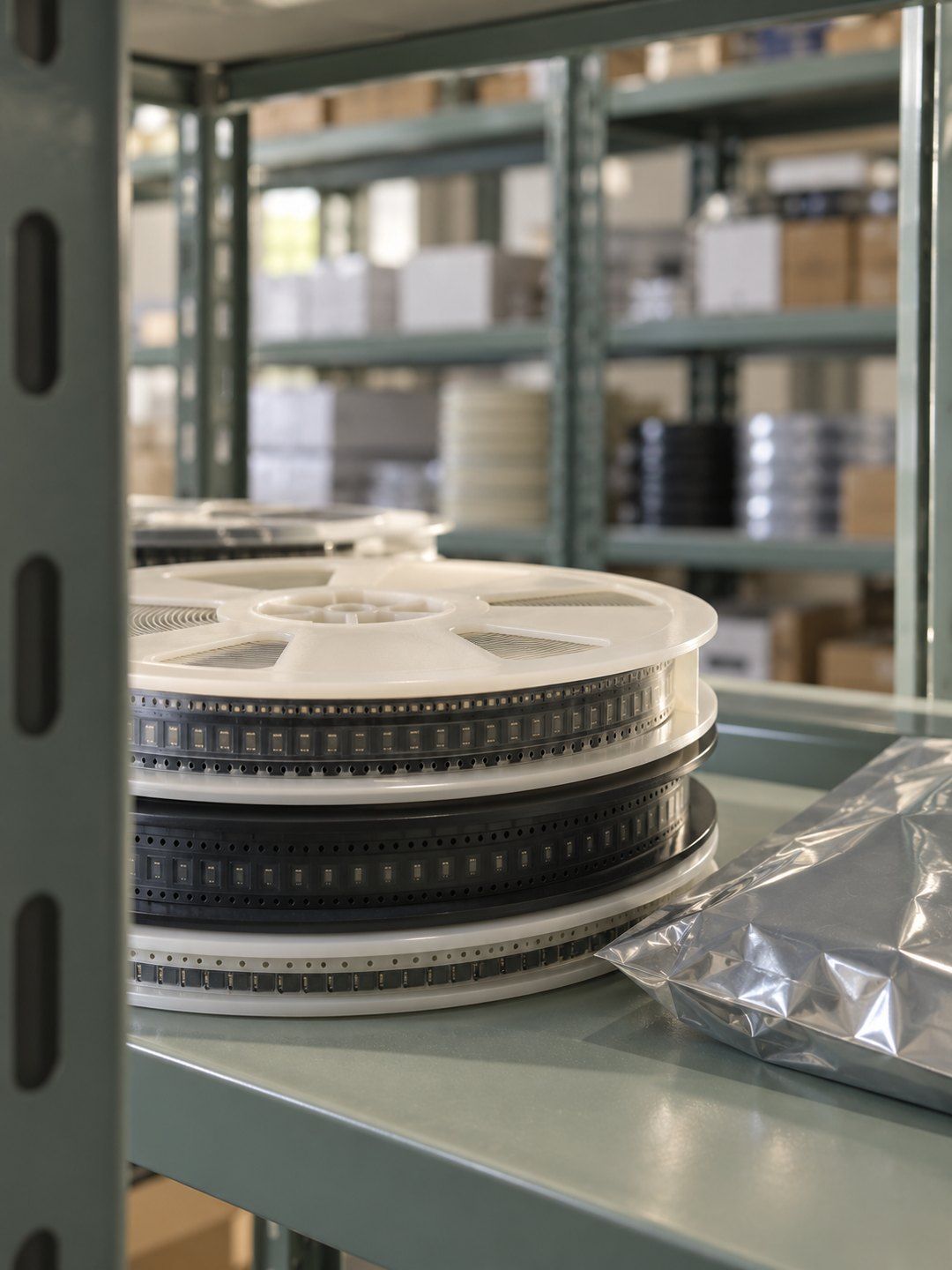 Electronic component reels and moisture-barrier packaging on warehouse shelves